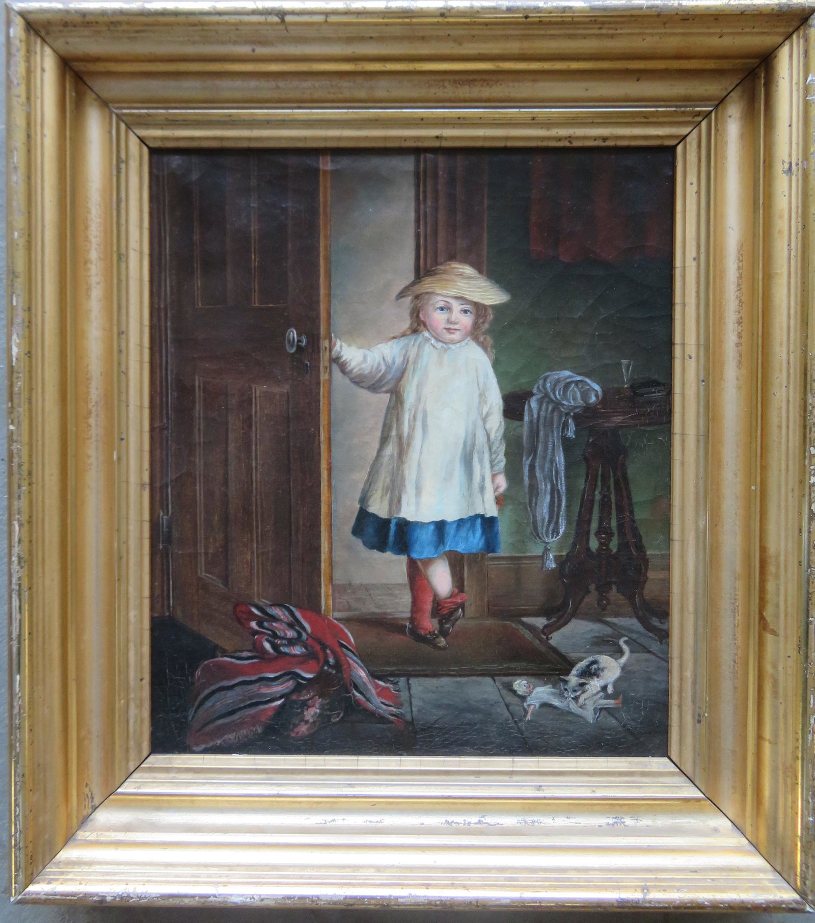 O/C Portrait of young girl walking into room with cat: O/C Portrait of young girl walking into room with cat chewing on doll that is thrown on floor. Mounted in original lemon gold frame, circa 1850. Stretcher size 11" x 13" and total frame size 15 1/2" x