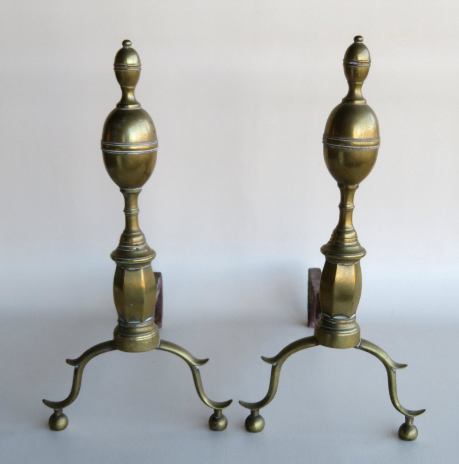 Pair of Chippendale double lemon top andirons, late: Pair of Chippendale double lemon top andirons, late 18th to early 19th century. Very good condition. 19"H x 15"D x 9"W. Provenance: From the Stanley Blum estate, Rhinebeck NY.