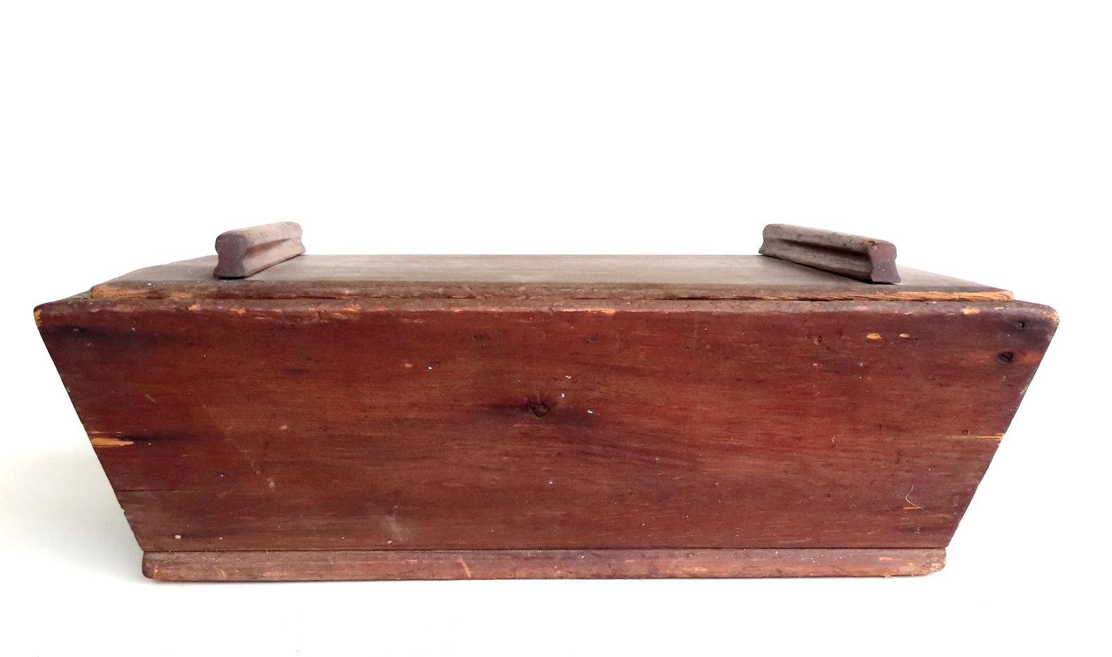 An early dough box with traces of original red paint,: An early dough box with traces of original red paint, original lid with in one corner, some use wear, overall fair to good condition. Measures 29 1/2"L x 16 1/2"W x 10 1/2"H.