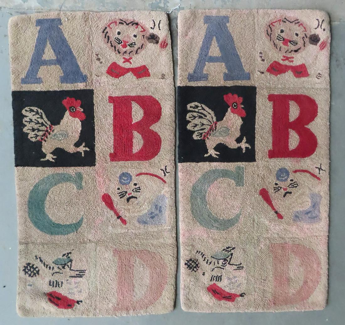 Two ABC hooked rugs for child's rooms, mid 20th: Two ABC hooked rugs for child's rooms, mid 20th century. Good condition. Each measures 23" x 45" and in good condition.