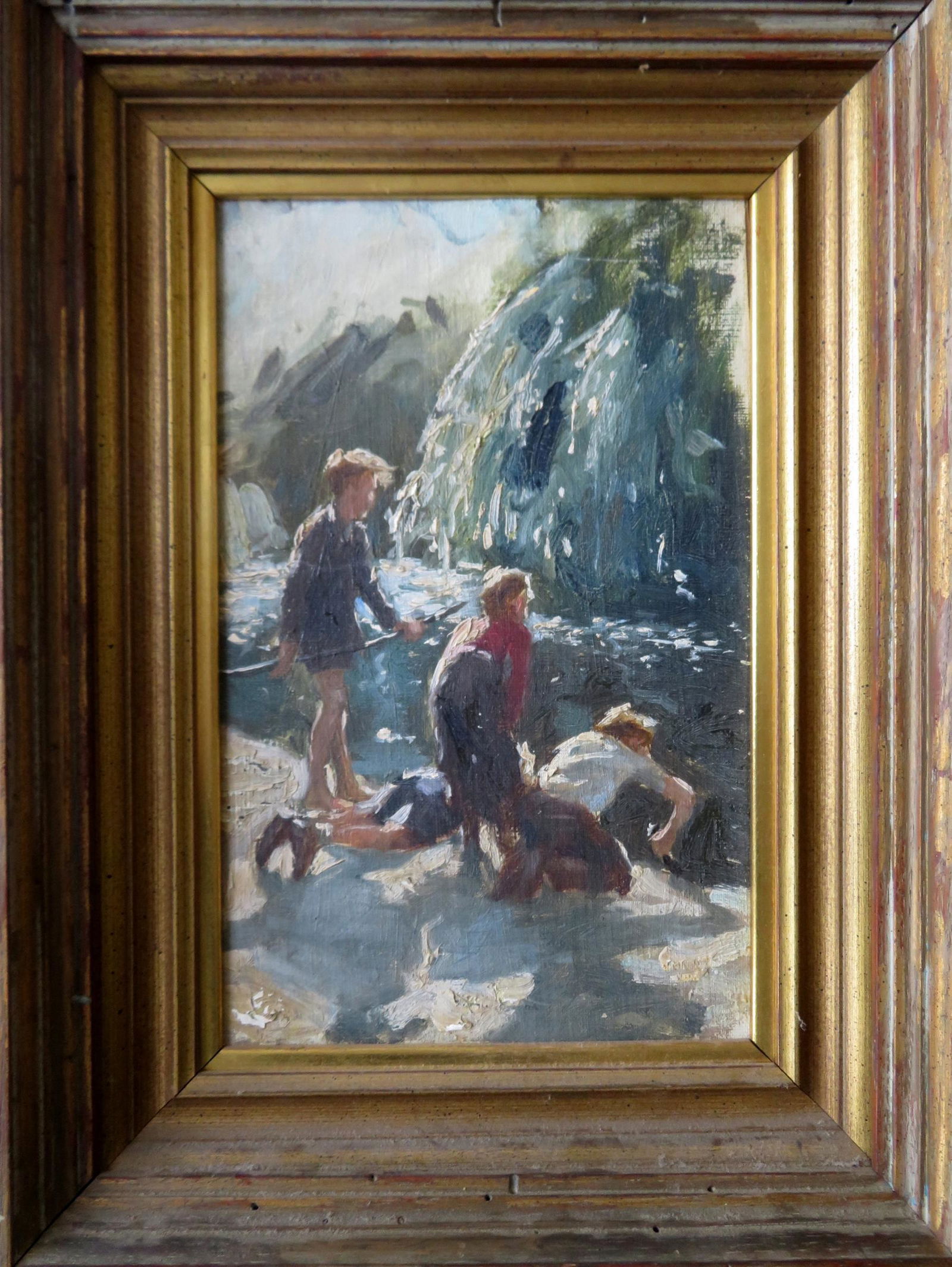 O/B Impressionist scene - youngsters near stream: O/B Impressionist art depicting 4 youngsters near stream with waterfall. Not signed but of very good quality. Sight size 8" x 12 3/4" and total frame size 13" x 17 1/2". Good overall condition.