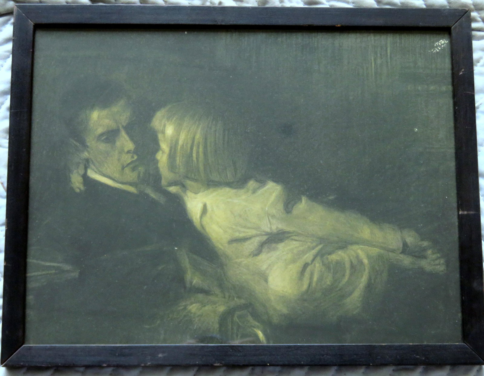 Lucius Wolcott Hitchcock (1868 - 1942), active/lived in: Lucius Wolcott Hitchcock (1868 - 1942), active/lived in New York, Ohio (Not signed but attributed). Charcoal illustration of a seemingly worried father with daughter, marked on reverse "Lucius Wolcott