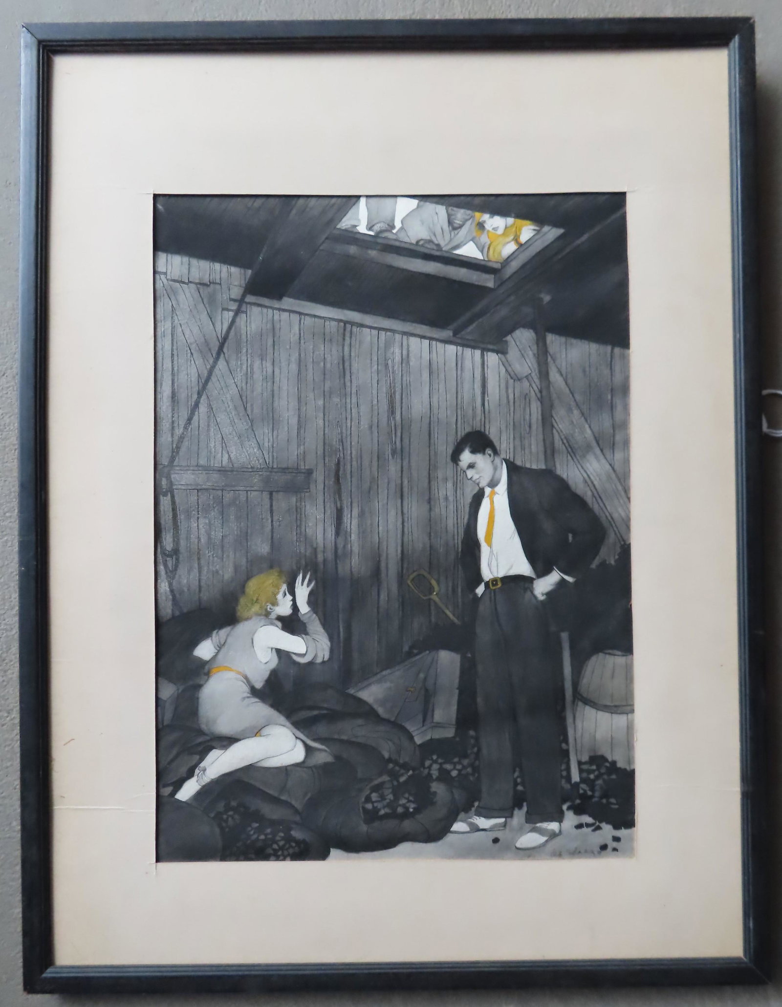 W/C Illustration of frightened young girl laying in a: W/C Illustration of frightened young girl laying in a bed of coal below imposing man, circa 1930, pencil signed appears to read De Slarzo. Good condition. Sight size 11 1/2" x 13 3/4" and total frame 
