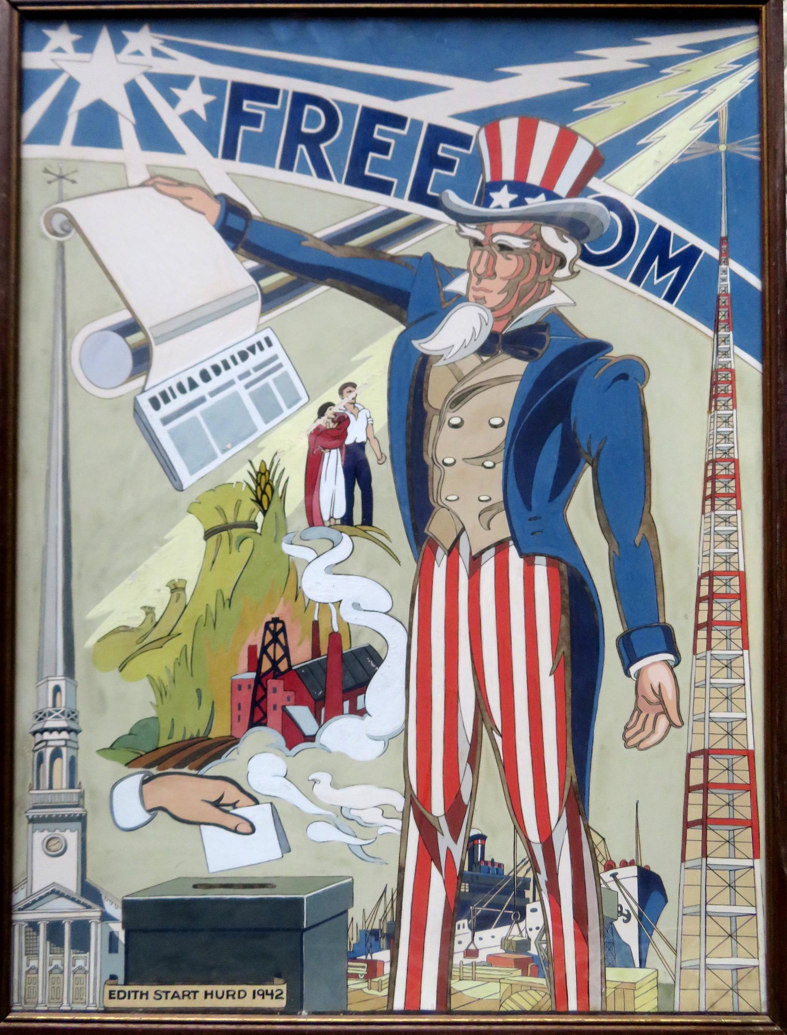 An original gouache WWII Freedom poster signed Edith: An original gouache WWII Freedom poster signed Edith Start Hurd 1942 (Utica NY 1887-1983), depicting America's Uncle Sam holding a scrolled newspaper with the first word of the headline appearing to b