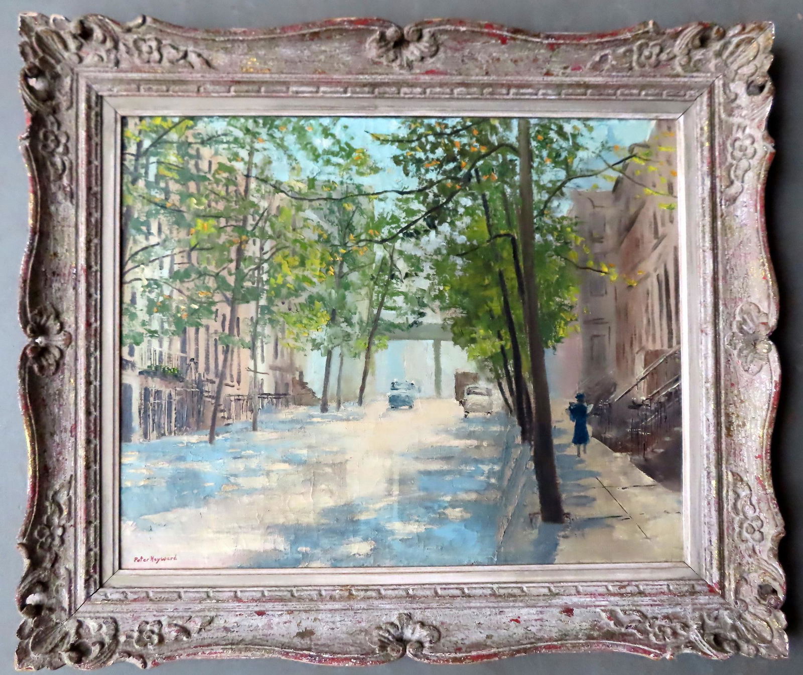 Peter Hayward, 1905 - 1993, was active/lived in New: Peter Hayward, 1905 - 1993, was active/lived in New York, Hawaii, known for urbanscapes & coastal scenes. O/C Street scene, probably NY City, signed Peter Hayward, circa 1950, in original carved woode