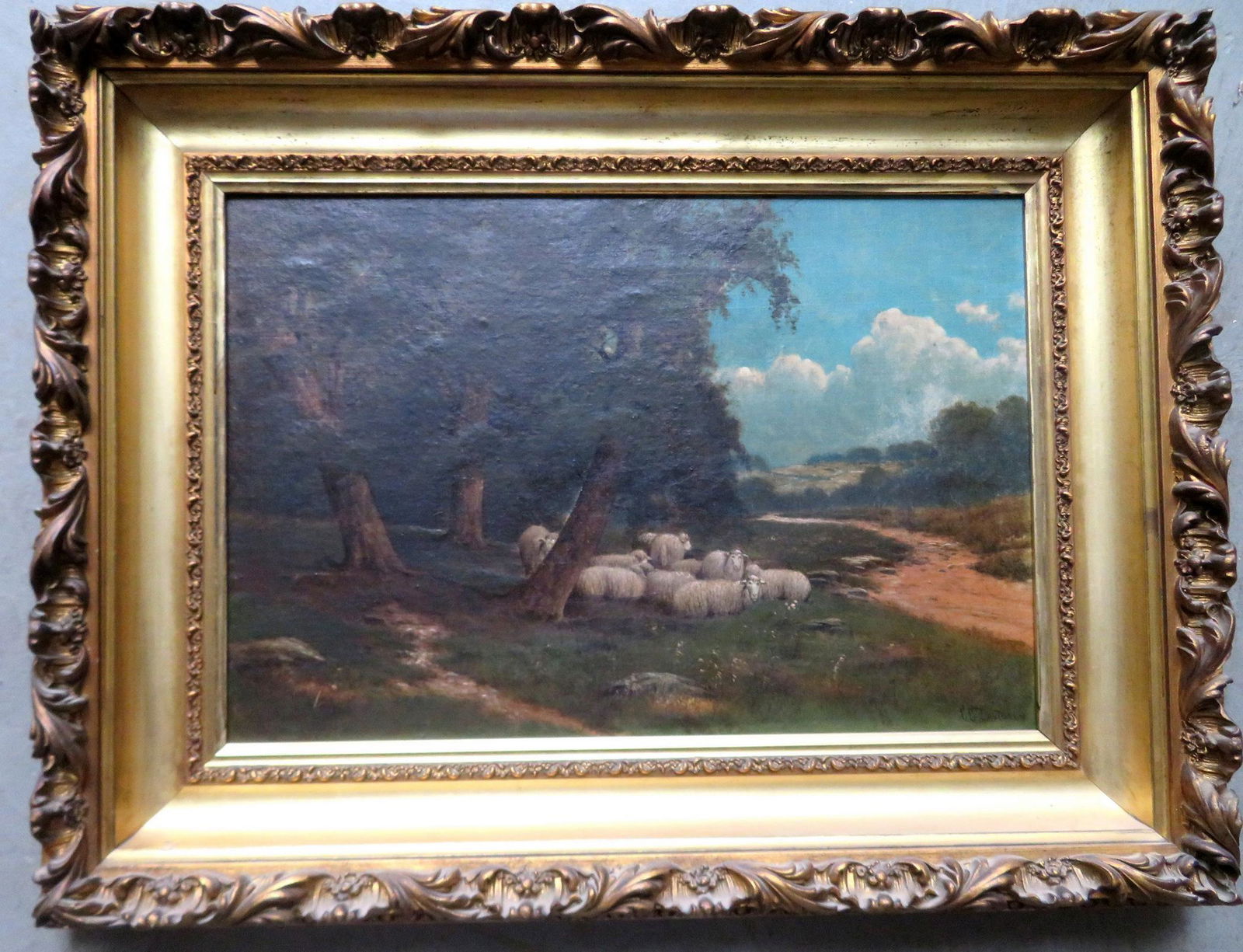 Charles Grant Davidson, NY, 1865-1945. A very fine O/C: Charles Grant Davidson, NY, 1865-1945. A very fine O/C Pastoral scene of sheep resting in grass under the shade of trees by meandering brook, 19th/20th century, in original gesso and gilt frame. Signe