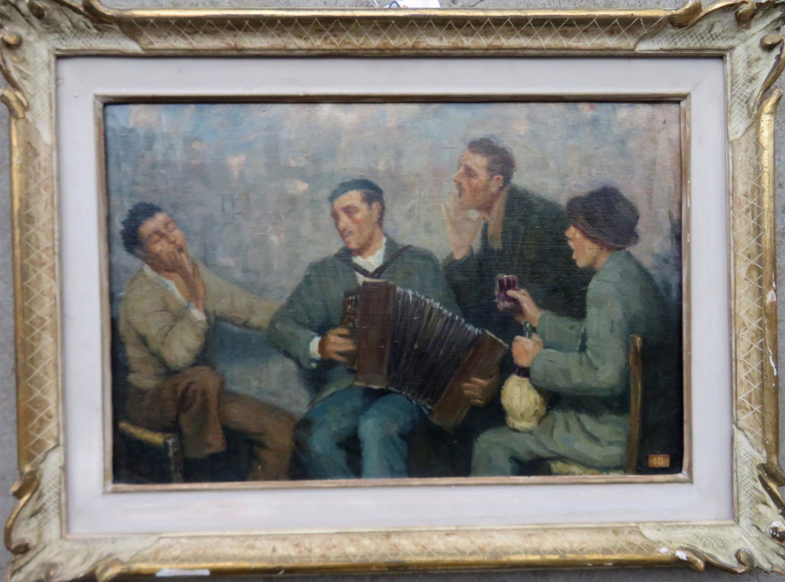 O/B Portrait of 4 men, 1 playing an accordion, one: O/B Portrait of 4 men, 1 playing an accordion, one drinking wine, and all singing, early to mid 20th century, signed illegibly. Very good condition. Sight size 12" x 18" and total frame size 17 3/8" x
