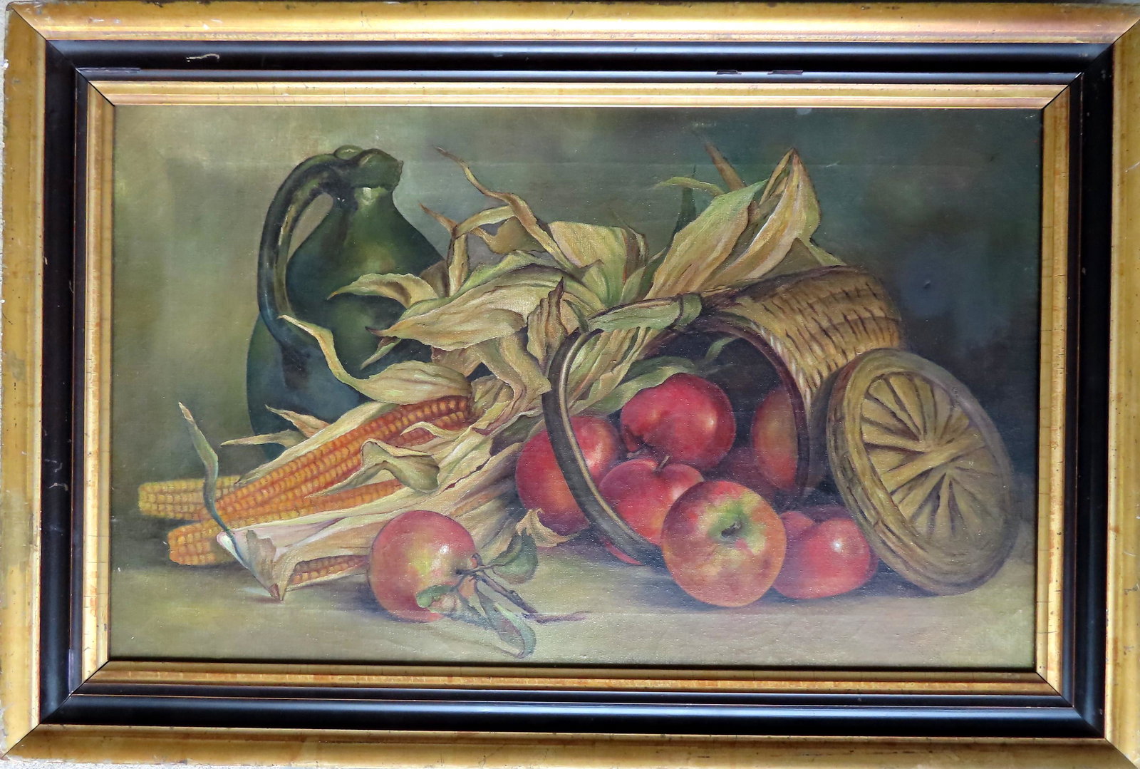 O/C Autumn still life of corn and apples in a basket,: O/C Autumn still life of corn and apples in a basket, late 19th century, original frame. Two tiny repairs, otherwise very good condition. Stretcher size 26" x 16" and overall size 29 3/4" x 20".