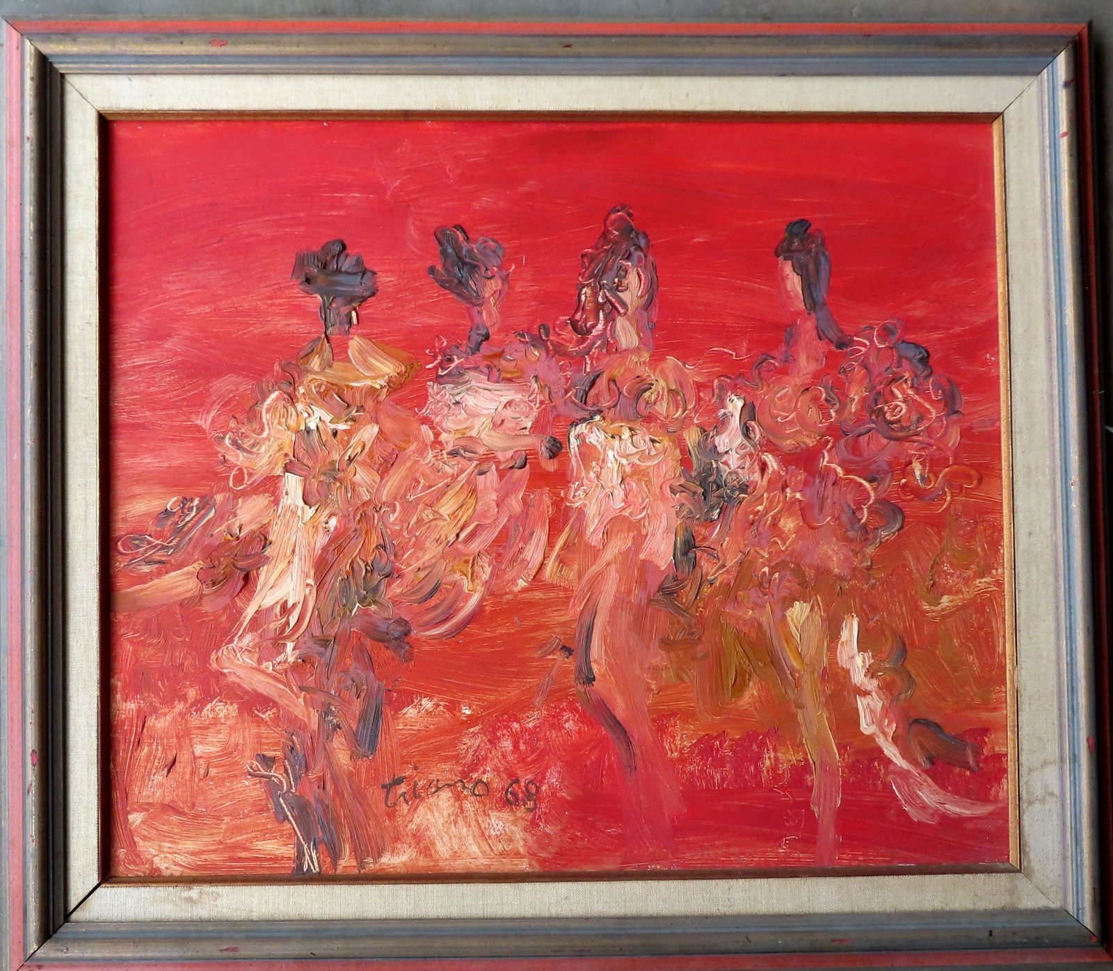 Anthony Thomas Triano (1928 - 1997) active/lived in New: Anthony Thomas Triano (1928 - 1997) active/lived in New Jersey. Figurative Abstract impasto painting depicting 4 dancing can-can girls, signed Triano '68 bottom center. Very good condition, no damage.