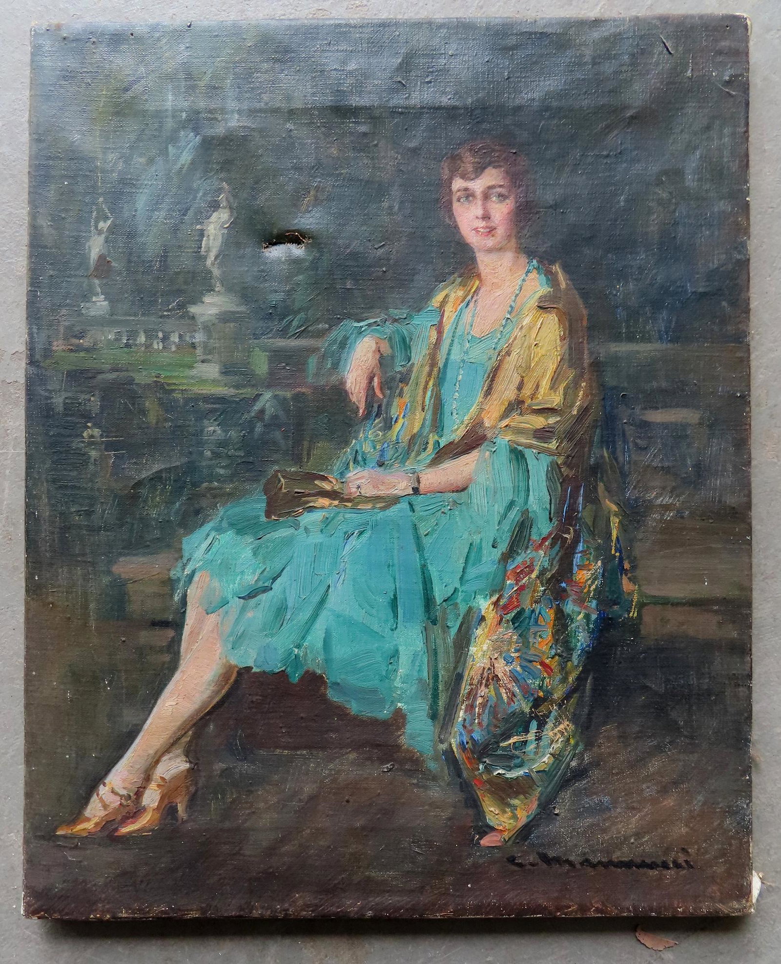 O/C Portrait of an Edwardian lady in a garden setting: O/C Portrait of an Edwardian lady in a garden setting and seated on a garden bench, signed illegibly bottom right. Not framed. Small tear in upper left corner, else very good condition. Late 19th to e