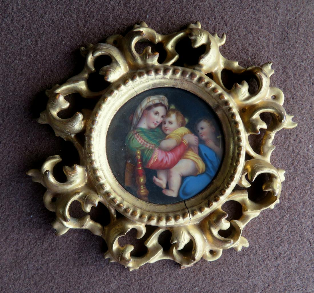 Miniature painting on porcelain of Madonna della: Miniature painting on porcelain of Madonna della Seggiola (Madonna Of The Chair) after Raphael masterpiece, late 19th century in original near circular hand carved gilt wood rococo frame - it measures