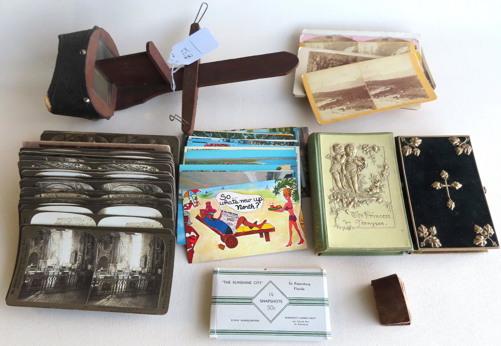 Grouping of ephemera including: 40 stereoview cards: Grouping of ephemera including: 40 stereoview cards (most Rome and Venice architectural scenes by H.C. White 1902 - sold with viewer with wear to edges - one view of college staff marked "Faculty of H