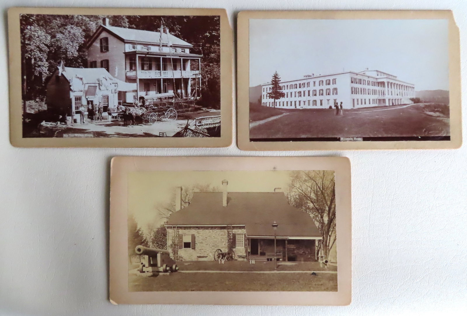 Three original rare black & white photographs of: Three original rare black & white photographs of historic Hudson Valley buildings, 19th century including: "Rip Van Winkle House" with impressed mark of photographer "Loeffler / Tompkinsville S.I." (J