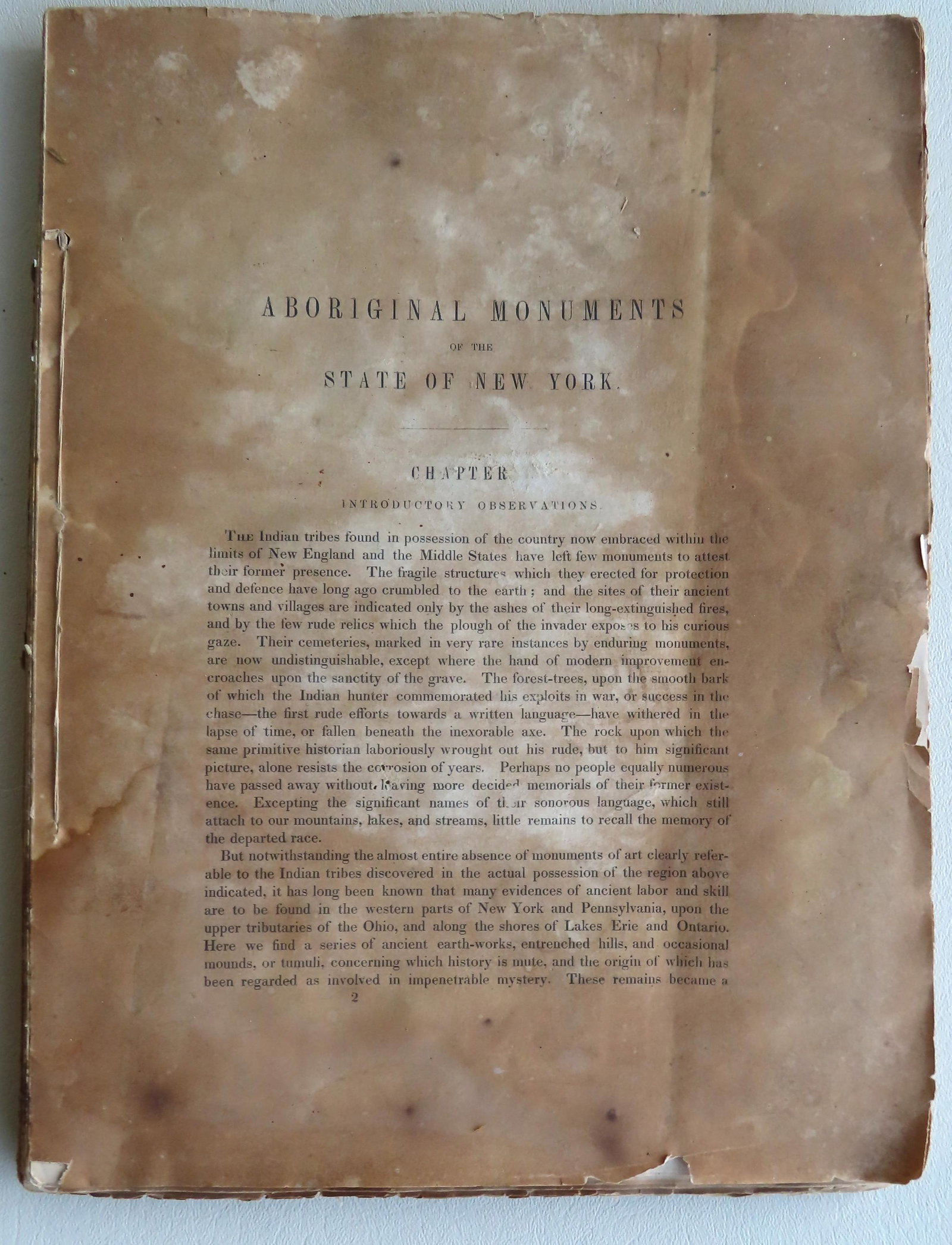 Book/manuscript entitled "Aboriginal Monuments Of The: Book/manuscript entitled "Aboriginal Monuments Of The State Of New York" - Pages 9-188 + lithographs at end including survey maps by E.G. Squier surveyor and del. 1848, plus lithographs signed Sorony 