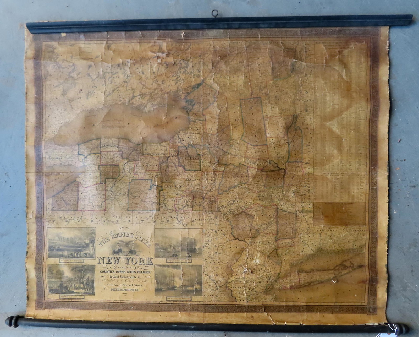 Canvas wall map of "The Empire State New York",: Canvas wall map of "The Empire State New York", published by S. Augustus Mitchell, Philadelphia 1845, and engraved by J.H. Young. Some crazing, creases, small areas of paper loss, some staining, the t