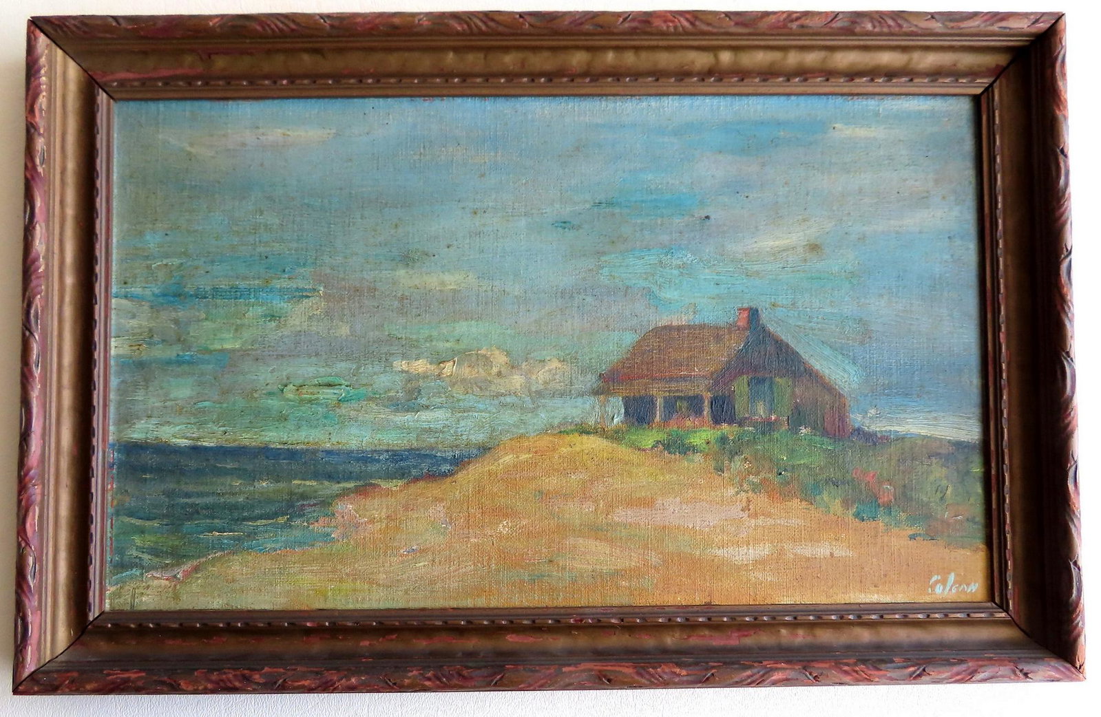 O/B Landscape, cottage by the ocean signed Colean.: O/B Landscape, cottage by the ocean signed Colean. The reverse with inscription \"Eugene O\'Neils Cottage on Cape Code - painted by James Russell Colean in the late 1920\'s early 1930\'s. - NCM (Provi