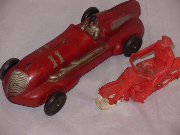 Arcor rubber 101/2 race car and Auburn 6" motorcycl: Arcor rubber 101/2 race car and Auburn 6" motorcycle, very good cond.