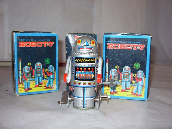 Robots, 3 tin windups, 3 3/4' high "Robot-7" from : Robots, 3 tin windups, 3 3/4' high "Robot-7" from the 1970's M.I.B.