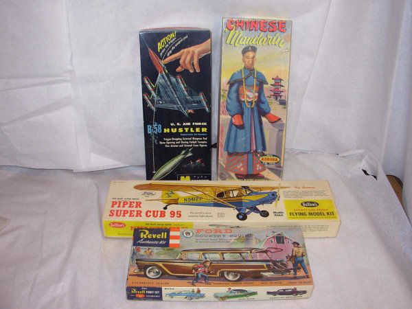 Model kits; 1957 Revell h1220:149 '57 Ford station: Model kits; 1957 Revell h1220:149 '57 Ford station wagon complete, 1957 Aurora #415 Chinese Mandarin figure complete, Monogram #pa32-98 B58 Hustler missing parts & 1961 Gallows' #303 Piper Super Cub 9