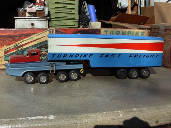 Sears made in Japan tin friction Turnpike Van Trai: Sears made in Japan tin friction Turnpike Van Trailer 28 wheeler about 24" lg, w/box, missing 1 hub cap and 1 bumper guard very good cond