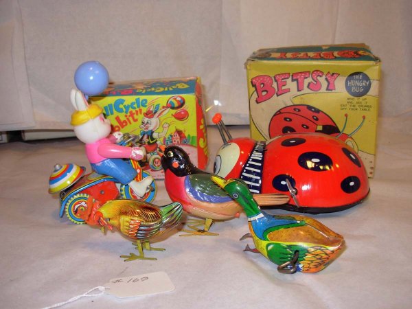 Japan tin windups, 5 pieces, Chicken, Goose, Bird,: Japan tin windups, 5 pieces, Chicken, Goose, Bird, Rabbit on a bike MIB & Betsy the hungry bug MIB