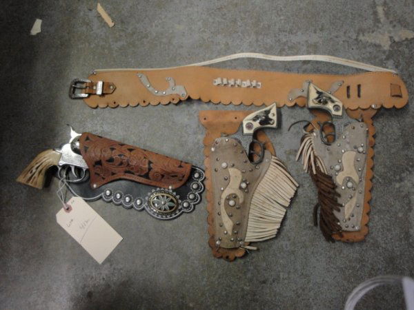 Cowboy 2 gun (cap gun) holster set "Texan Jr." (on: Cowboy 2 gun (cap gun) holster set "Texan Jr." (one holster detached) plus Mattel Fanner 50 cap gun with holster.