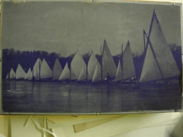 Printing block of Hudson River ice boats on the ri: Printing block of Hudson River ice boats on the river - paper attached to back indicating Hyde Park Ice Yacht Club Pennant 1914 with a list of all boats and owners in the race - the printing plate its