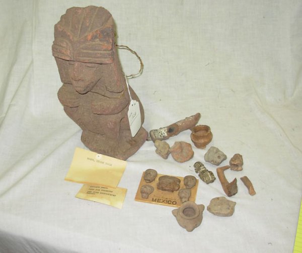 Lot of misc. ancient artifacts - paperwork in box: Lot of misc. ancient artifacts - paperwork in box reads: "Moque Indian Idols, Antique Heads from the Pyramids, Sanjuan - Teotihuacan, Mexico", etc.