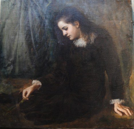 O/C Portrait of seated Edwardian lady holding a flo: O/C Portrait of seated Edwardian lady holding a flower. Signed illegibly. Relined. Not framed. 33" x 34"