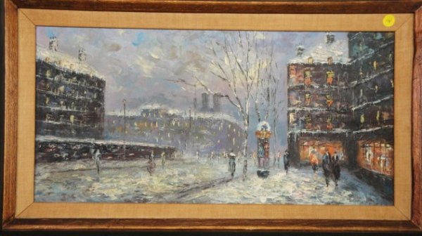 O/C Paris street scene. Mid-20th century. Not signe: O/C Paris street scene. Mid-20th century. Not signed. 12" x 24"