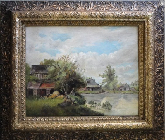 O/B Old farm, chickens, by pond. Not signed. 19th c: O/B Old farm, chickens, by pond. Not signed. 19th century in original frame. 16"x20"