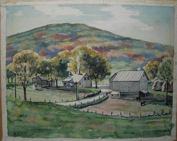 W/C Country farm scene with cows in pasture, barns : W/C Country farm scene with cows in pasture, barns and farmhouse signed Kent Day Coes born 1910, active in NJ. 19" x 23". Not framed.