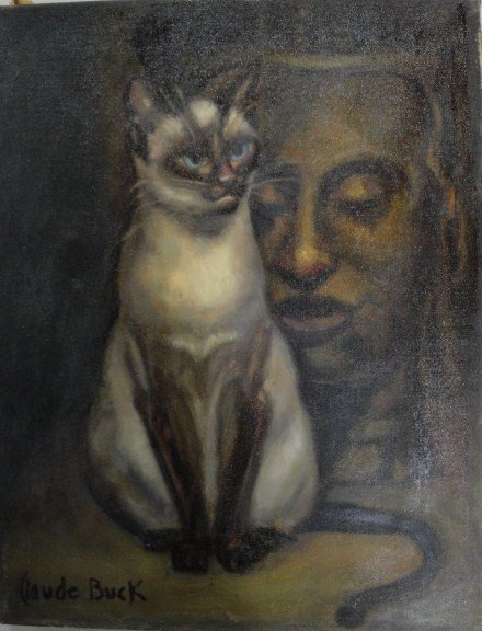 O/C Wide-eye Siamese cat with closed-eye Egyptian f: O/C Wide-eye Siamese cat with closed-eye Egyptian figure-head in background. Signed Claude Buck. 1890-1974. Illinois & California. 14" x 18". Slight impression in canvas to the right of cat's shoulder