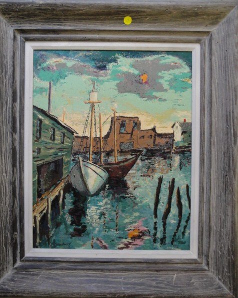 O/C Fishing boats at harbor signed Shoulberg (Harr: O/C Fishing boats at harbor signed Shoulberg (Harry Shoulberg 1903-1995 NY, WPA artist). Shoulberg's work on in many museums collections including Metropolitan Museum of Art. 17" x 21"
