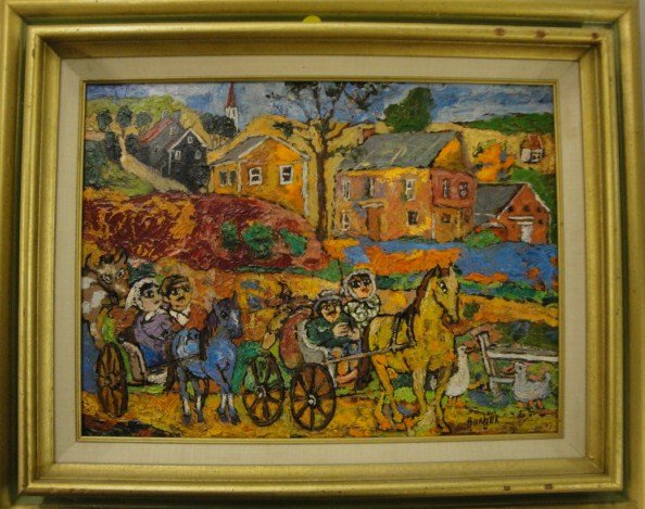 O/Canvas board. Modernistic village scene with pe: O/Canvas board. Modernistic village scene with people, horse and buggies. Signed Burliuk (David Burliuk - NY & Ukraine 1882-1967). 12" x 16"