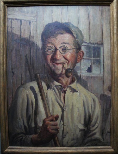 O/B Portrait of smiling farmer smoking pipe, signe: O/B Portrait of smiling farmer smoking pipe, signed Jay Weaver (Oklahoma portrait artist) - Circa 1930-40. 20"x29"