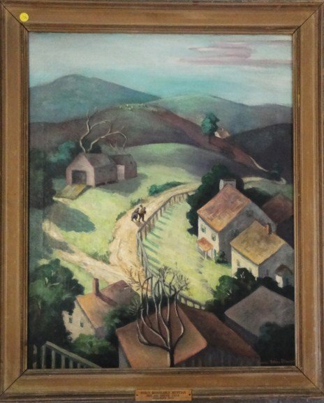 O/C Depressed farm scene with elderly couple walki: O/C Depressed farm scene with elderly couple walking down road past farm signed Grace Bliss Stewart and dated 1938 (1885-1969, NY & Kansas). See original label on reverse. 24"x30"