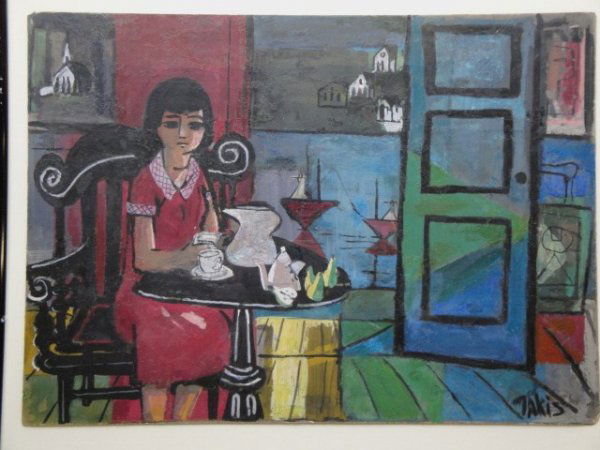 O/B Modernistic young lady at table. Signed Takis.: O/B Modernistic young lady at table. Signed Takis. Nicholas Takis 1903-1964, NY. Extensive touchup and over paint. 13" x 18".