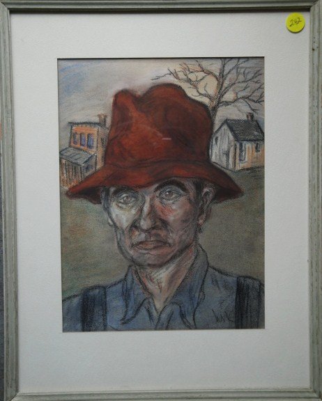 WPA chalk portrait of a farmer with houses in back: WPA chalk portrait of a farmer with houses in background signed WAK. 8.5x11.5"