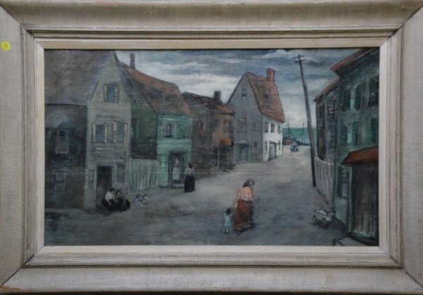 O/C Depressing New England street scene leading to: O/C Depressing New England street scene leading to harbor. WPA. 18" x 30". Signed on stretcher "Gloucester '37". Two minor repairs on reverse.