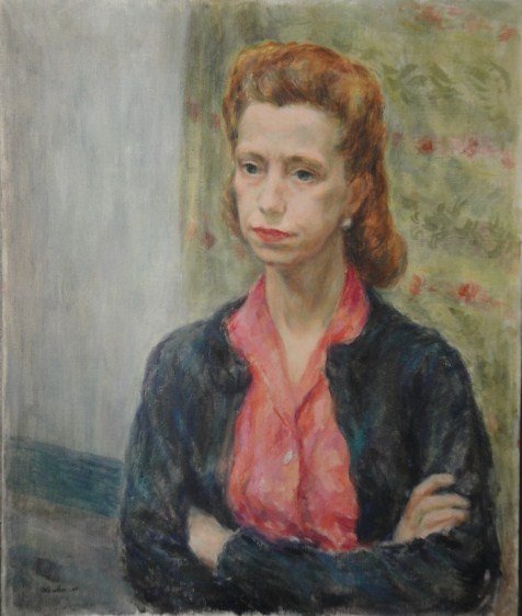 Two O/C portraits of ladies. The first a self port: Two O/C portraits of ladies. The first a self portrait of a woman painting herself in front of a mirror signed on reverse Beata Beach (Born 1911- . NYC) - Repair to canvas - 23" x 29". The second, por