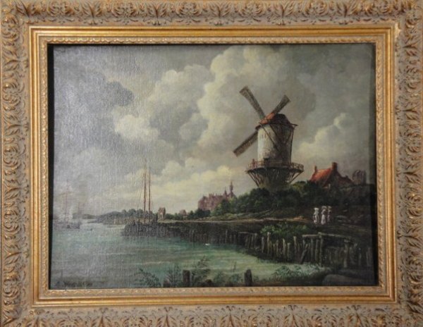 Oil on canvas board. Dutch windmills by harbor wi: Oil on canvas board. Dutch windmills by harbor with boats. Signed A. Hanson 1929. 12" x 16"