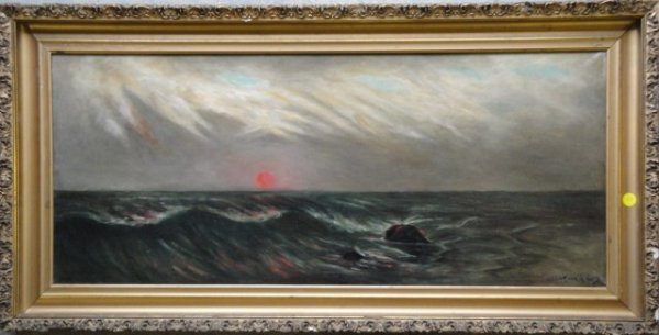 O/C New England seascape at sunset signed Geo. How: O/C New England seascape at sunset signed Geo. Howell Gay (New York). 14" x 33". Original frame. Late 19th century.