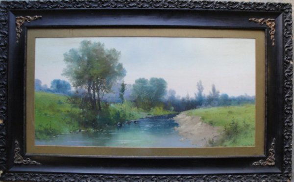 Pastel landscape with stream signed C. Braley. Cla: Pastel landscape with stream signed C. Braley. Clarence E. Braley 1854-1927 Mass. Original Victorian frame. 12" x 25.5"