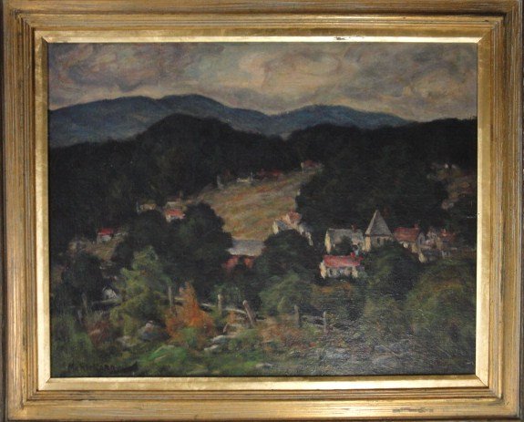 Oil on artist board farmhouses hills signed McRick: Oil on artist board farmhouses hills signed McRickard. Probably James P. McRickard, born 1874, worked in NY. 21.5" x 27.5"