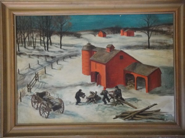 Oil on masonite. Winter barn scene with sawing fir: Oil on masonite. Winter barn scene with sawing firewood signed on stretcher Sally Haley, circa 1935. 17"x 24"