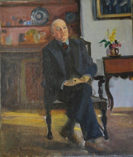 O/C Portrait of man sitting in chair signed R. Nov: O/C Portrait of man sitting in chair signed R. Novelli. Probably Rudalfo Novelli, NY born in 1879. 12" x 14"