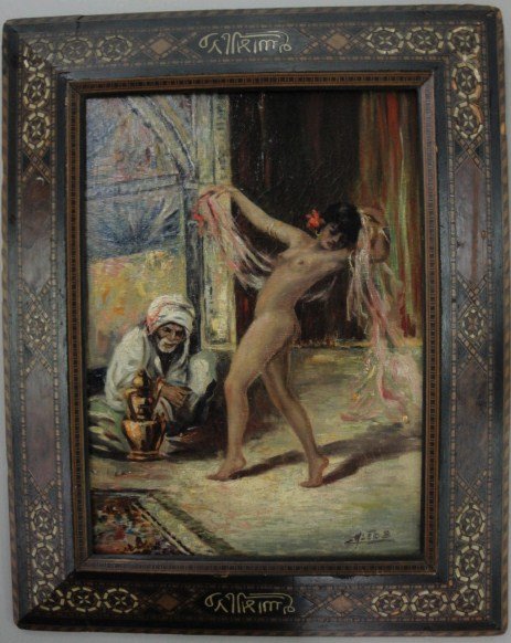 O/C Middle Eastern nude lady dancing. 19th century: O/C Middle Eastern nude lady dancing. 19th century. Inlaid frame with Islamic writing. 9.5" x 13".
