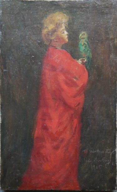O/C Lady in red robe holding parrot. Inscribed "To: O/C Lady in red robe holding parrot. Inscribed "To Miss Armstrong - Louis Kronberg 1905" (1872-1965 NY & France).