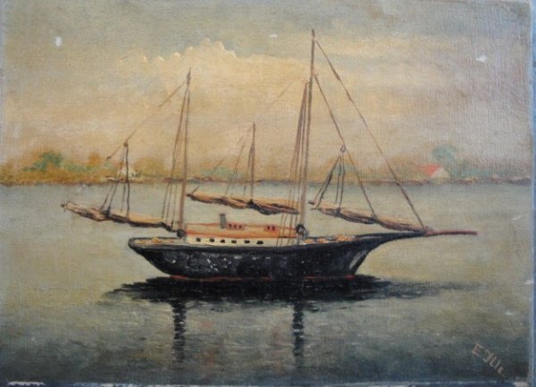 Two sailboat paintings: Three 3 mast schooner, O/C